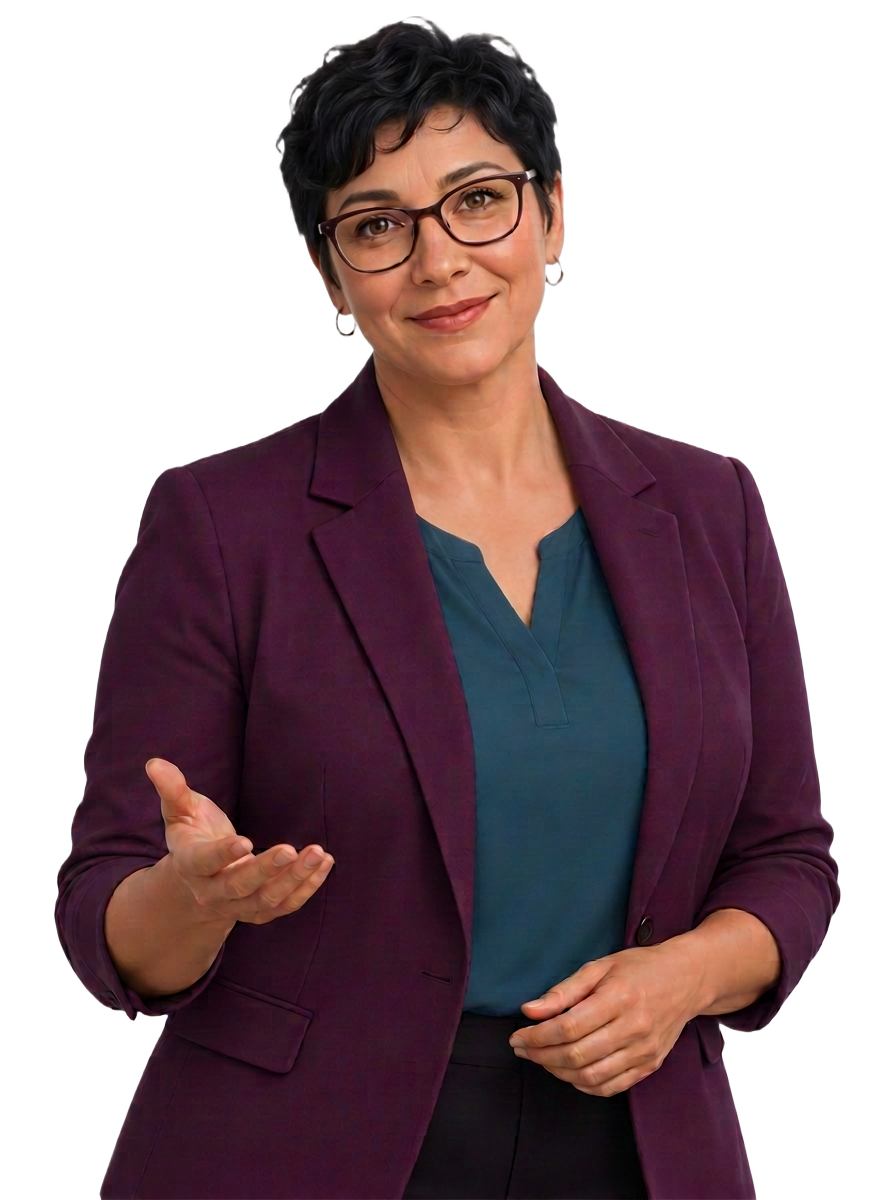Mia, MendRii’s supportive guide, welcoming with an open hand
